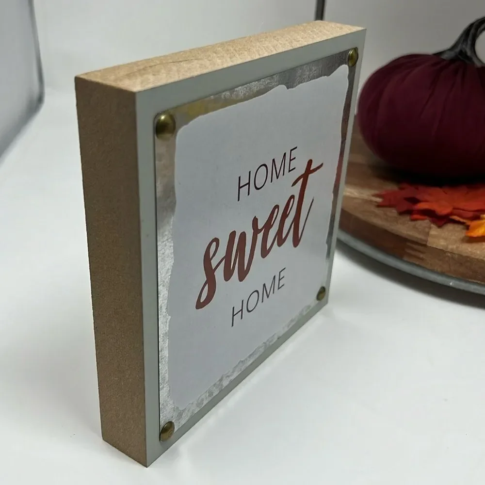 Home Sweet Home Decor Wood & Metal Shelf Table Standing Word Sign‎ Brown White